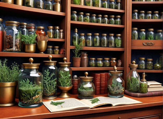 a room with many jars and plants on the shelves