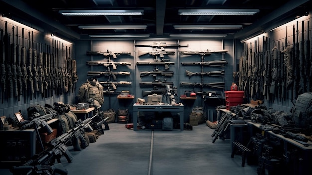 a room with many weapons and weapons including one that says " army ".