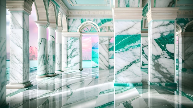 A room with marble walls and a blue and green marble floor