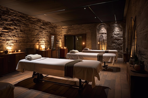 A room with massage tables and a wall with lights above