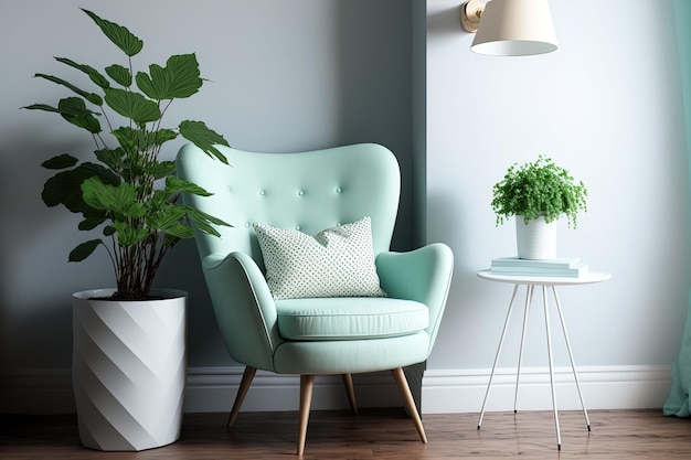 In a room with a mint lampshade there is an armchair and a potted plant
