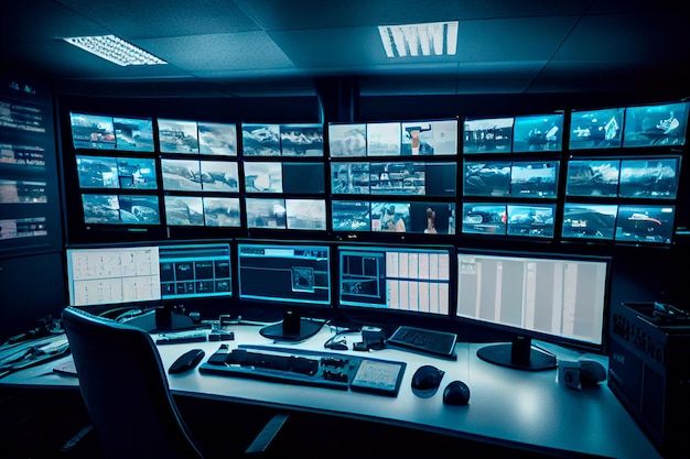 Комната с мониторами для видеонаблюдения Концепция безопасности Генеративный ИИ