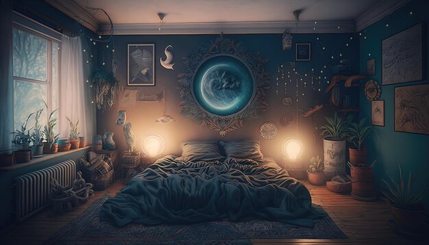 Foto una stanza con una luna e una lampada