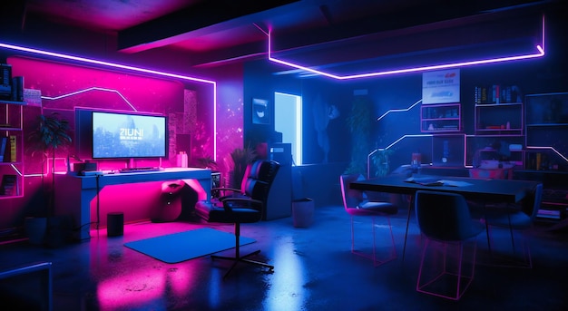 Photo a room with music desk and neon lights