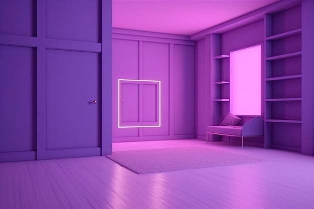 A room with a neon frame in the middle