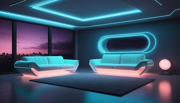 Room with neon lamps and lots of seats