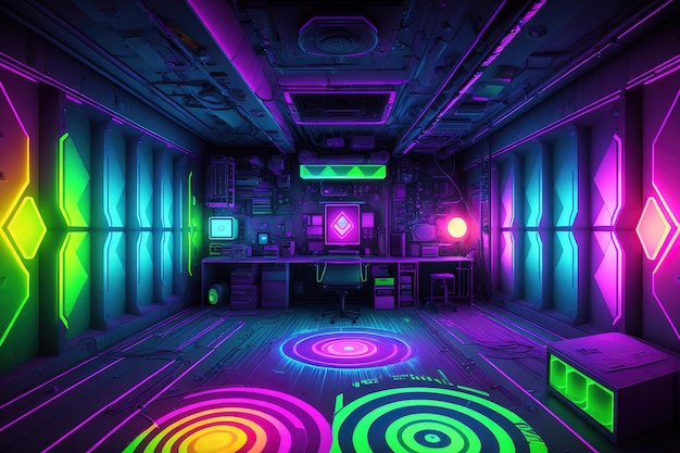 A room with a neon light and a set of speakers