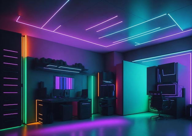 A room with a neon lights on the ceiling