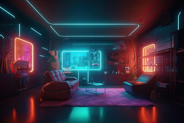 A room with neon lights and a couch in the middle of it
