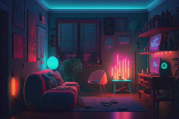 Room with neon lights Generative AI