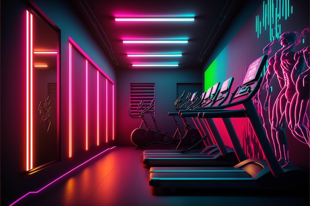 a room with neon lights and a man on the wall