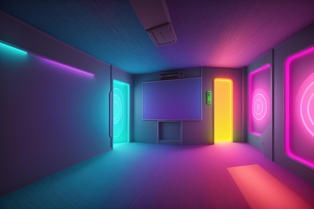 A room with neon lights and a tv screen