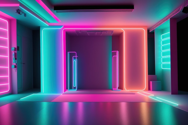 A room with neon lights and a wall that says'neon '