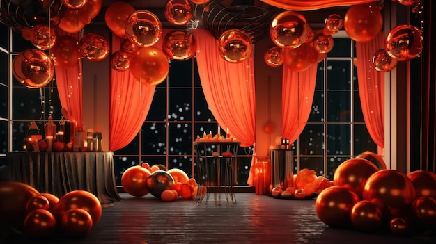 A room with orange balloons and a table with a lamp on it