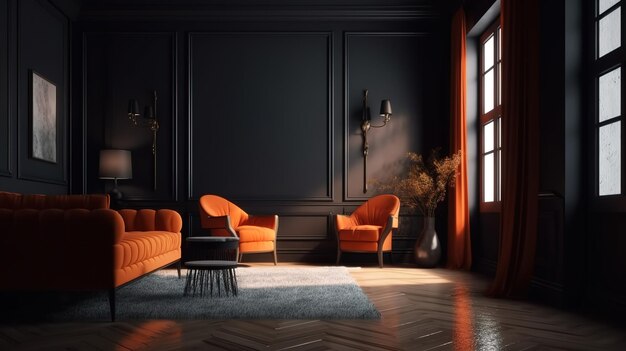 A room with orange chairs and a black wall that says39i love you Generative Ai
