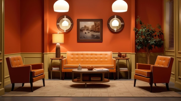 A room with orange furniture and a lamp ai