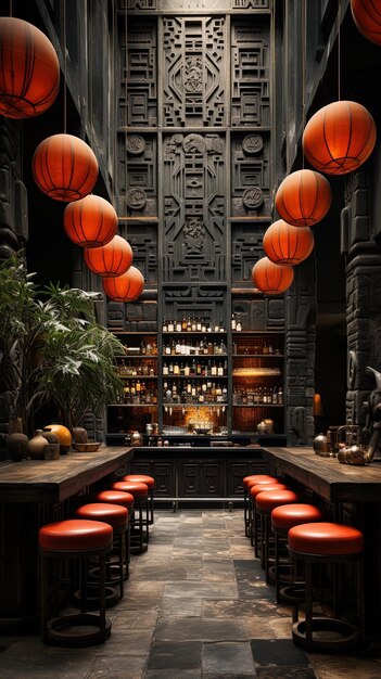 a room with orange lanterns and a wall of lights