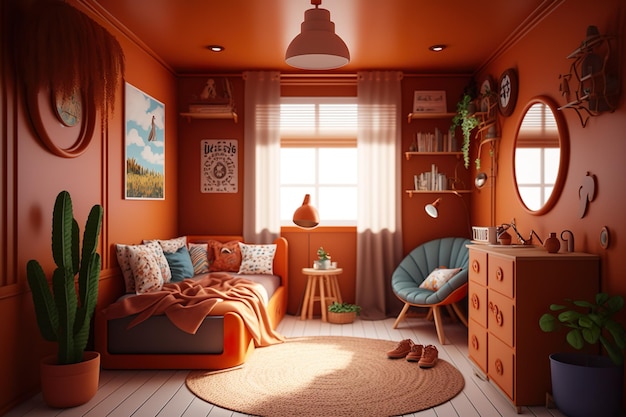 A room with orange walls and a couch and a table with a lamp and a bookcase.