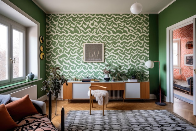 A room with painted walls that contrasts with a patterned wallpaper created with generative ai