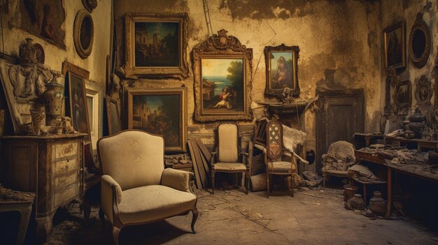 A room with paintings on the walls and a chair in the corner.