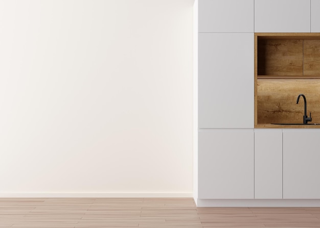 寄木細工の床の白い壁と空きスペースのある部屋キッチン家具インテリアのモックアップ家具の写真の装飾やその他のオブジェクトのための無料のコピースペース3Dレンダリング