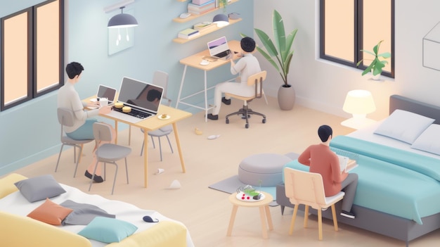 a room with a person sitting in a chair and a computer on the table