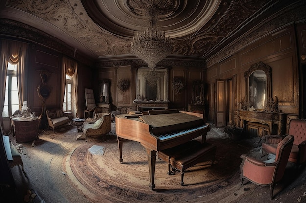 A room with a piano and a piano in it