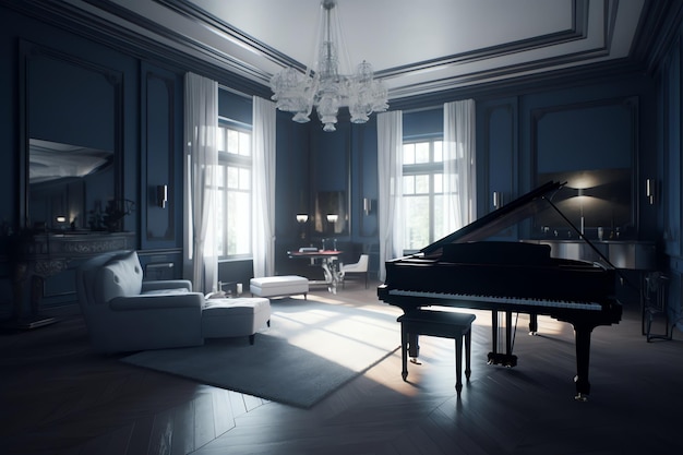 A room with a piano and a piano in it