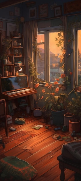 ピアノと街の景色を望む窓のある部屋。