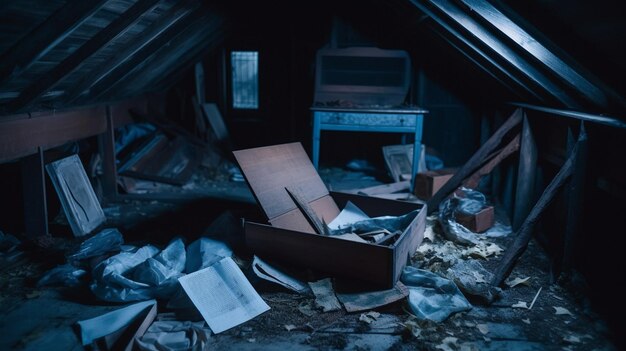 A room with a pile of papers and a desk in the middle of it