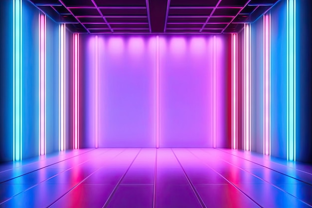 A room with a pink and blue neon light on the wall.