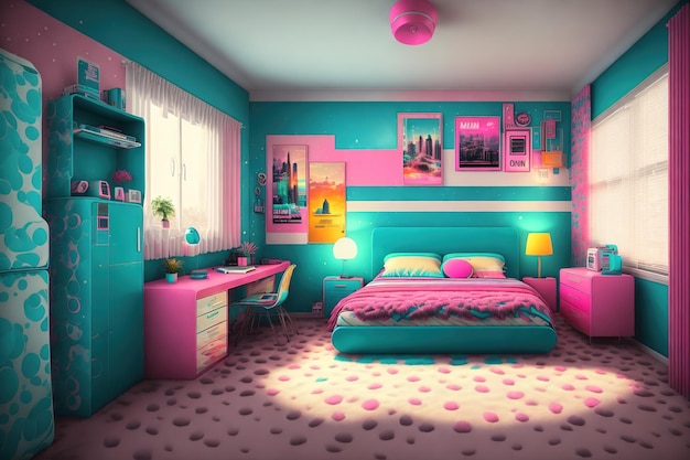 A room with a pink and blue theme