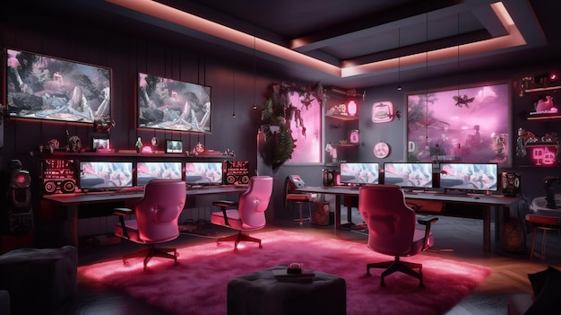 A room with a pink room with a black room with a computer and a tv with a pink light