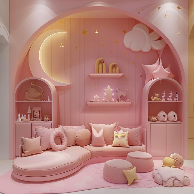 a room with a pink room with a pink couch and a large pink pillow