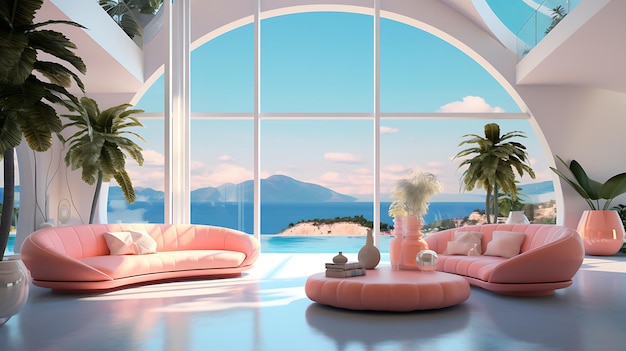 комната с розовым диваном, стеклянными окнами и бассейном