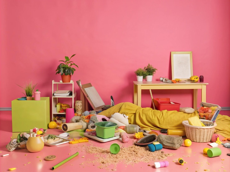 Photo a room with a pink wall and a bunch of toys and a basket with a plant on it