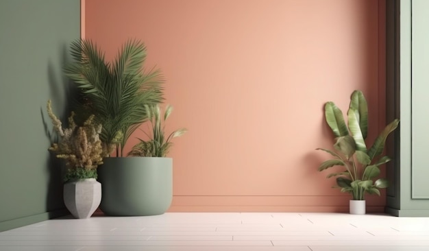 A room with a pink wall and plants.