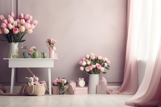 ピンクの壁と花瓶のある部屋。