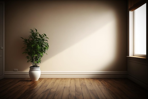 A room with a plant in it and a white wall with a light on it