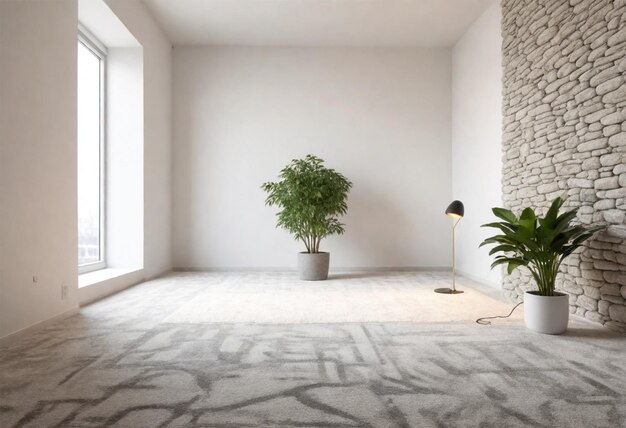 a room with a plant and a lamp on the floor