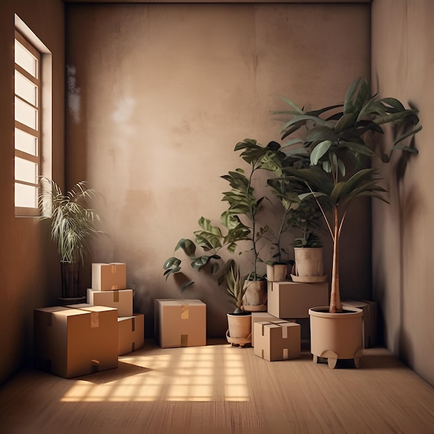 A room with a plant and a potted plant on the floor.