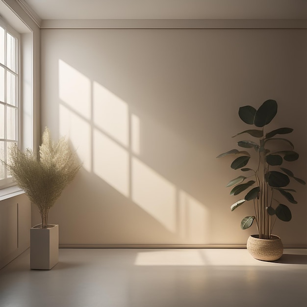 A room with a plant and a potted plant on the floor.