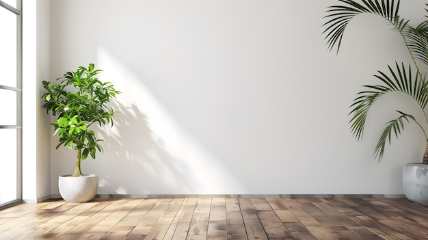 a room with a plant and a potted plant on the floor