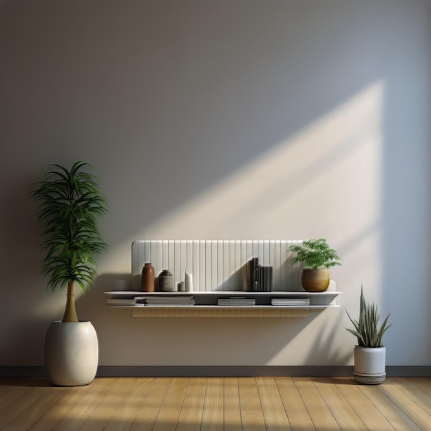 room with a plant and potted plant on the shelf