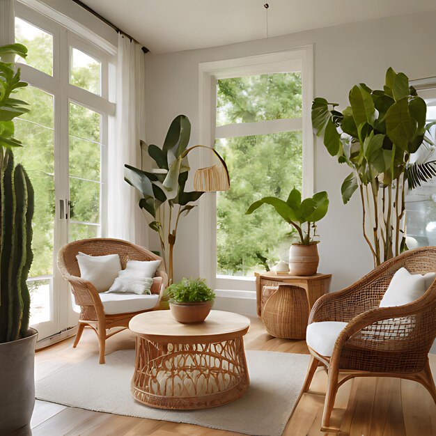 Photo a room with a plant and a potted plant on the table