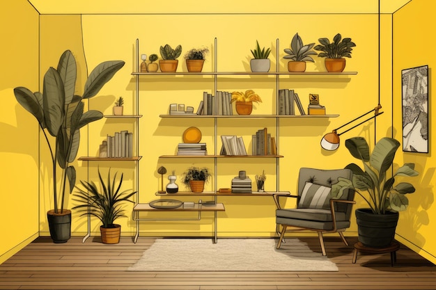 A room with a plant and a shelf with plants.