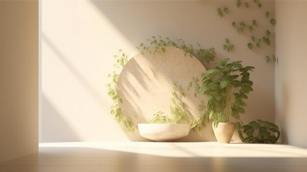A room with a plant on the wall and a round pot with a plant on it.