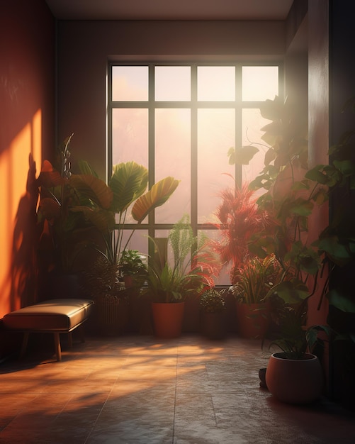 A room with plants and a bench in front of a window