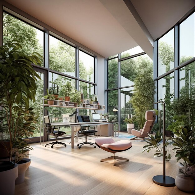 A room with plants on the floor and a chair in the center.