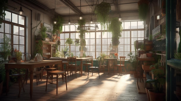 A room with plants hanging from the ceiling